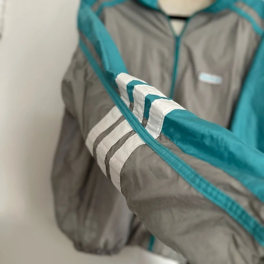 Vintage 80s Mens Sz: L Reebok Track Jacket Windbreaker Full Zip Gray & Teal.